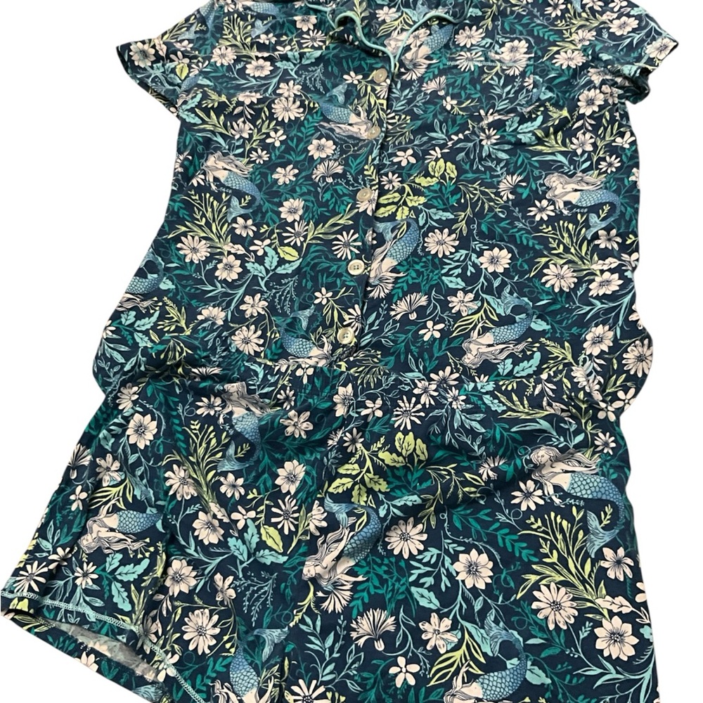 CUDL Duds Floral Print Pajama Set - Blue and Green SMALL PETITE